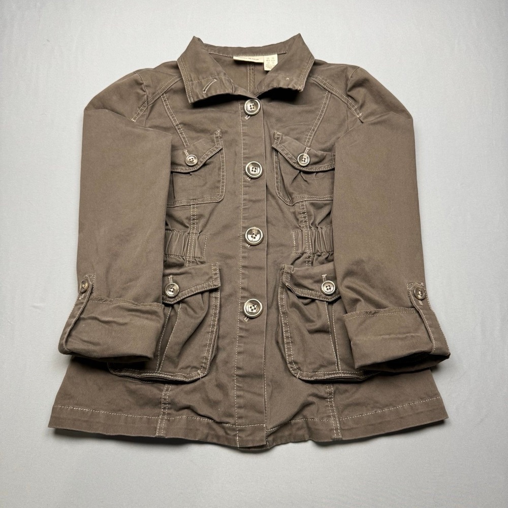 DKNY JEANS Women Brwn Utility Jacket Cargo Cinched Waist 3/4 Slv Button Front XS